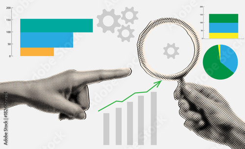 Halftone hand pointing with index finger sales graph, growth сhart, achieving high results,hand holding magnifying glass,business strategy,data analytics concept