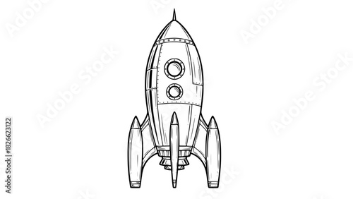 Vector of a retro-style rocket ship, black and white line art, smooth contours, space theme, no background