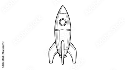 Vector of a retro-style rocket ship, black and white line art, smooth contours, space theme, no background
