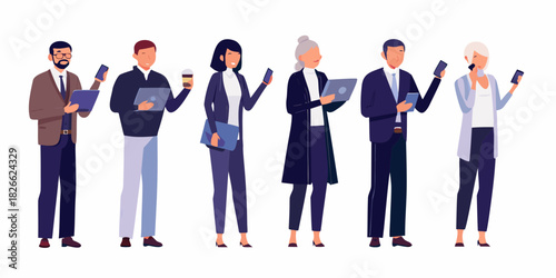 Diverse group of business professionals using mobile devices and tablets