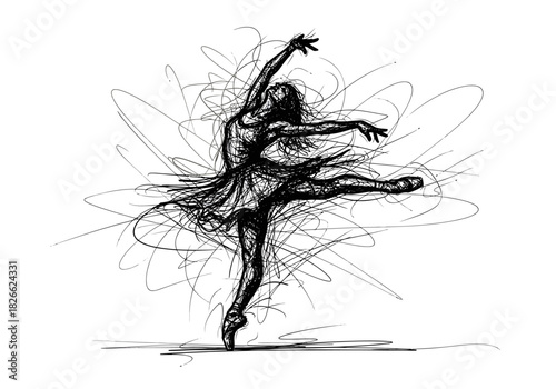Black and white abstract scribble drawing of a dancer en pointe midleap
