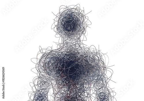 Abstract human torso and head shape formed from tangled dark looping lines on white