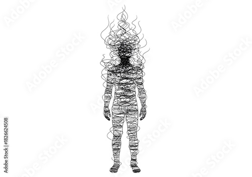 Black and white drawing of a standing human silhouette composed entirely of tangled scribbled lines