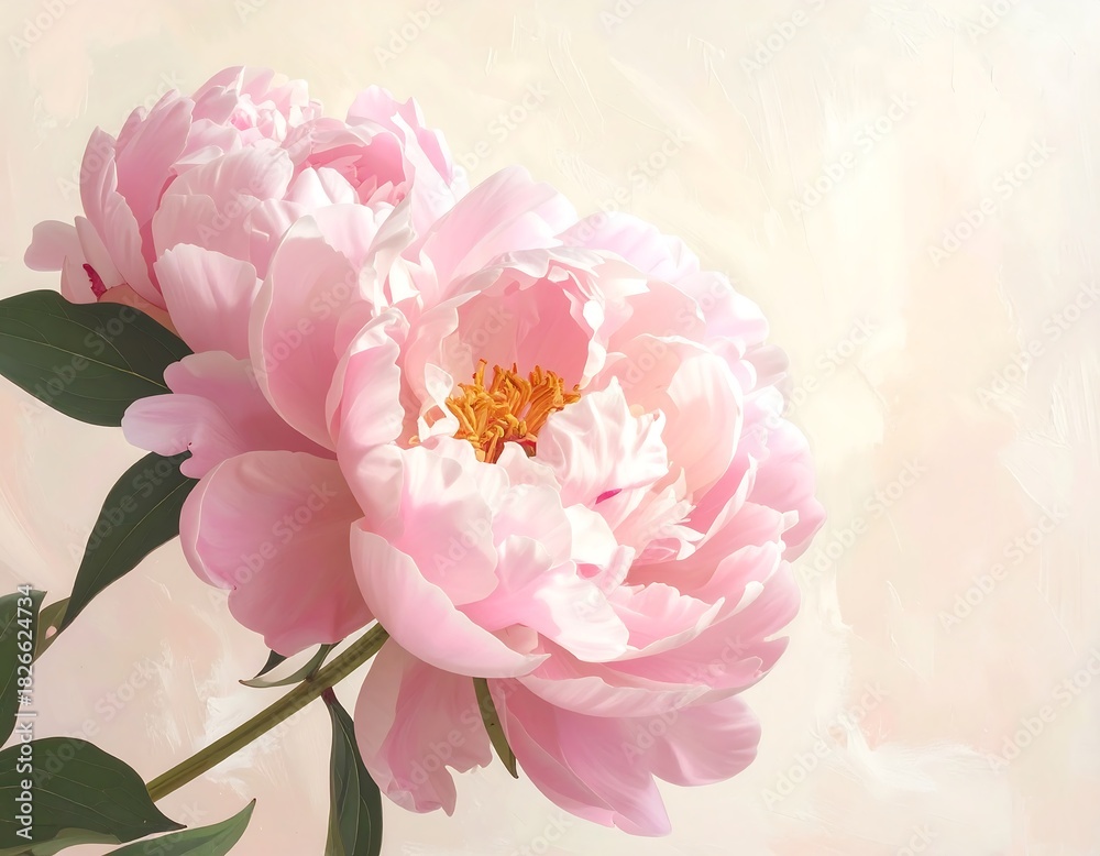 Fototapeta premium Two light pink peonies with yellow centers softly unfurl against a creamy, painterly background