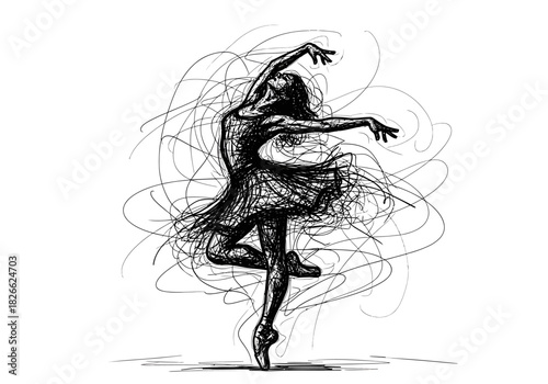 Black and white scribble drawing of a female ballet dancer en pointe