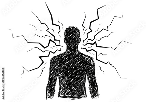 Black and white sketch of a figure exploding with lightninglike cracks