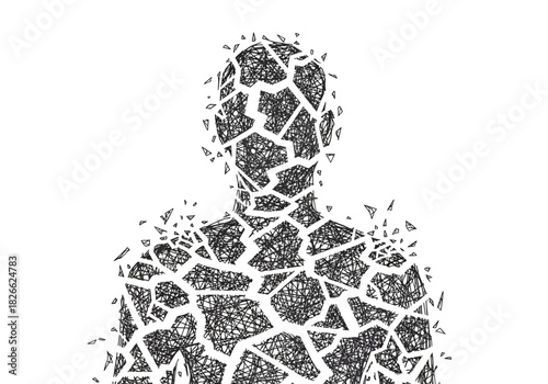 Black and white silhouette of a human figure fragmenting into small pieces
