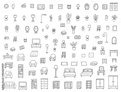 Collection of hand-drawn vectors featuring various home furniture and decor items. Includes plants, clocks, chairs, and lamps. Perfect for design projects and home-themed layouts.