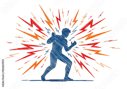 Blue silhouette of a person radiating red and orange lightning bolts outwards