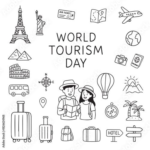 Vector illustration celebrating World Tourism Day featuring diverse travel icons and a happy couple looking at a map. 