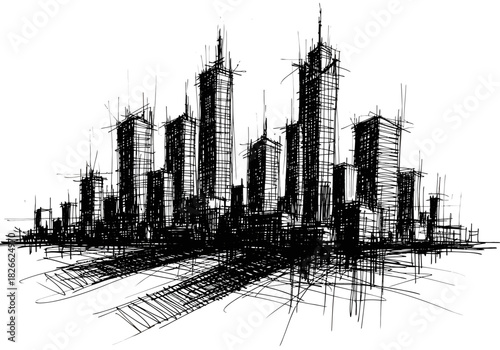 Black ink sketch of a dense towering city skyline viewed from a low perspective