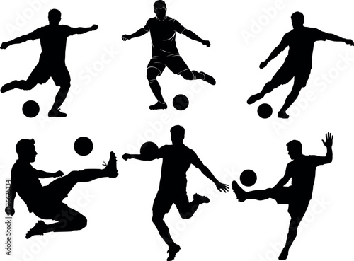 Dynamic soccer player silhouettes in action kicking and controlling the ball