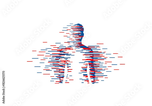 Silhouette of a human torso and head dissolving into red and blue horizontal lines
