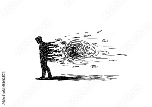 Sketch of a dissolving male figure trailing chaotic scribbles and vortex shapes