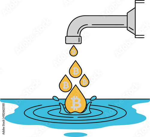 Crypto faucet drips digital bitcoin currency into a pool of water forming ripples of financial abundance