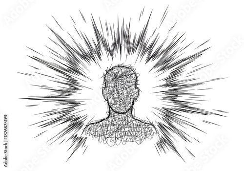 Sketch of a head with scribbled features radiating intense sharp lines outward