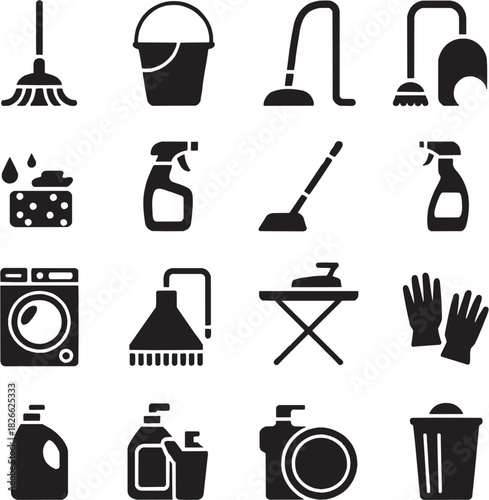 Cleaning and sanitation icon set. Vector glyph pictograms of vacuum, spray bottle, mop, bucket, trash can, hygiene tool, home maintenance black silhouette