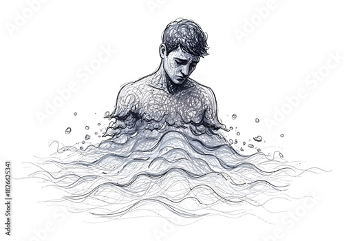 Sketch of a man emerging from chaotic water waves