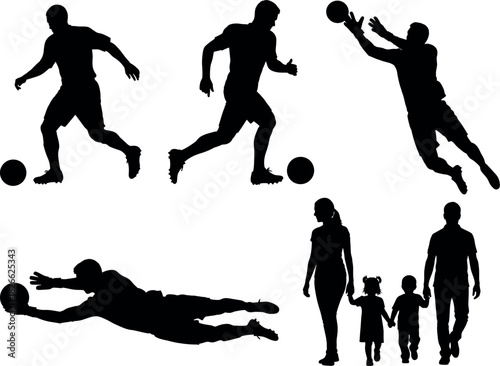 Silhouettes of soccer players and a family walking together in black and white