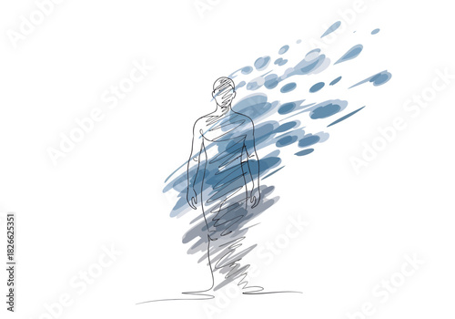 Stylized figure disintegrating into blue scattered brushstrokes against white