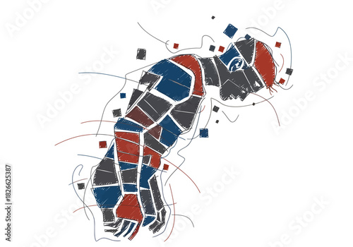 Stylized figure in motion composed of colored geometric segments and scribbled lines