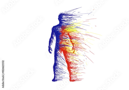 Stylized human silhouette dissolving into red yellow and blue scribbles