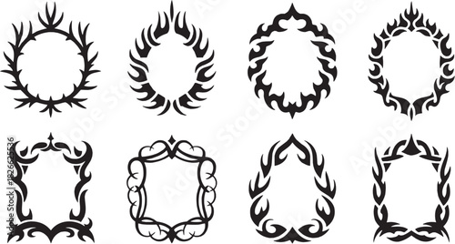 Wreath and decorative shape icon set. Vector glyph pictograms of floral ring, award wreath, leaf design, ornamental pattern, celebration symbol, elegant frame black silhouette