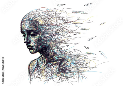 Stylized portrait of a woman dissolving into flowing lines and featherlike shapes