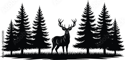 Forest stag silhouette, deer illustration, pine tree vector, woodland animal clipart, nature graphic, antler wildlife, black and white design