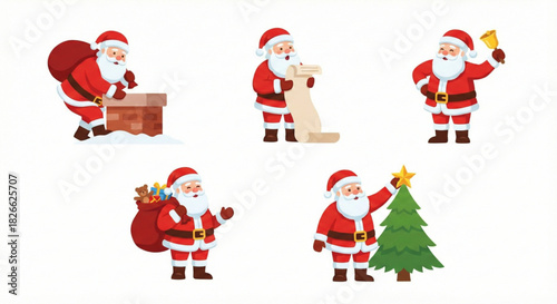 Festive Santa Claus Characters Engaged in Various Holiday Activities for Christmas
