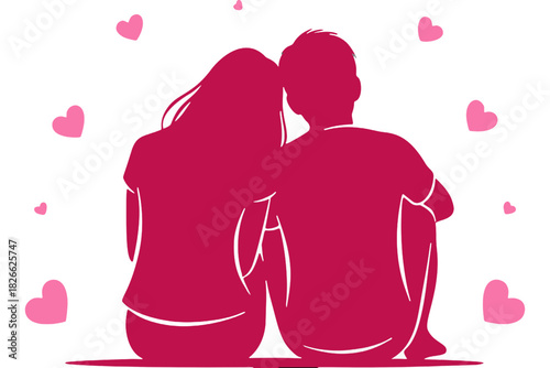 Romantic silhouette of a couple in love surrounded by hearts, expressing affection and togetherness