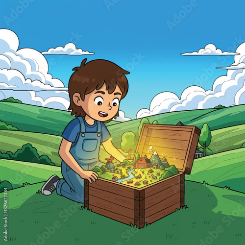 A young boy in overalls discovers a magical, glowing miniature world inside an open wooden treasure chest in a green field.