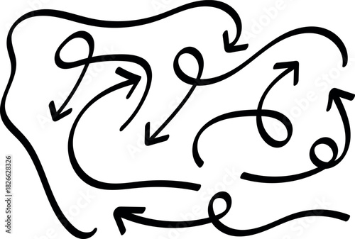 Hand drawn arrows in various directions and styles on white background