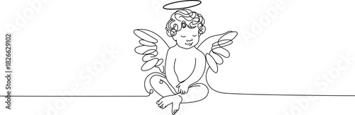 Minimalist monoline illustration of a cute angel child with a halo and wings. Perfect for Christmas cards, birthday designs, religious themes, invitations, and decorative prints.