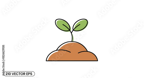 A small green plant sprouts from a brown soil mound on a white background in a simple vector illustration.