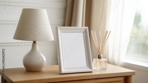 Cozy white bedroom table with lamp, frame and diffuser in soft sunlight