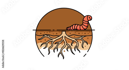 An illustration of a red worm on top of soil with roots below, against a brown circular background.