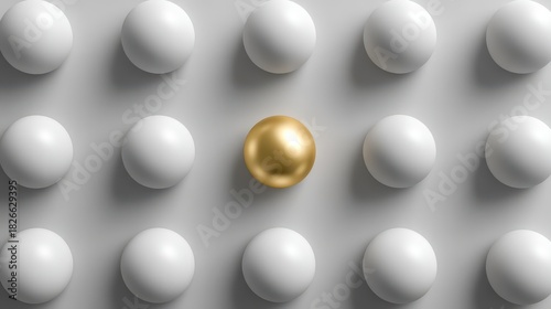 Fototapeta Naklejka Na Ścianę i Meble -  3D rendered arrangement of glossy white spheres around a focal gold sphere