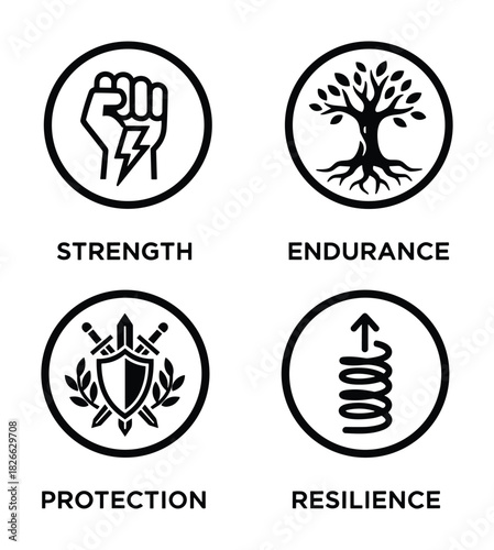 Strength endurance protection and resilience icons set symbolizing powerful attributes for various uses