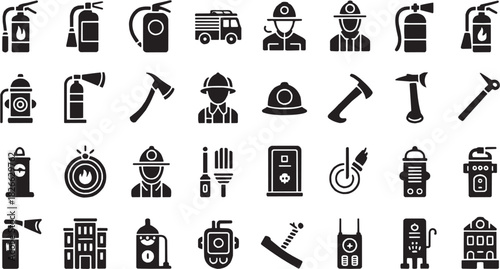 Media and utility symbol icon set. Vector glyph pictograms of camera, music note, lock, key, tool icon, interface element, miscellaneous mark black silhouette