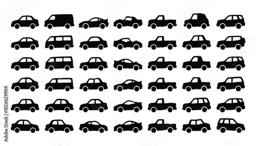 A collection of black silhouette cars in various models isolated on white background depicting transportation