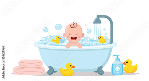 A happy baby enjoys a relaxing bubble bath with rubber ducks, surrounded by essential bath time accessories like towels and soap.