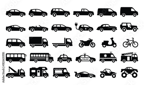 A large collection of black silhouette various transportation vehicles and bikes isolated on white background