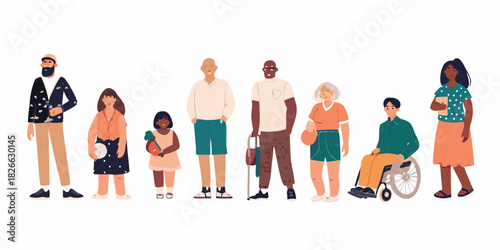 Diverse group of people standing together in a row illustration