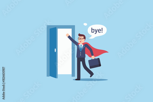 Superhero businessman leaving office saying goodbye and waving hand