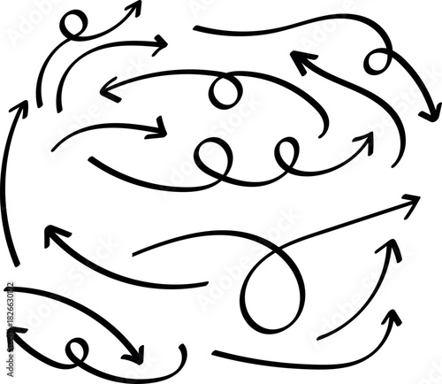 Hand drawn arrow collection with swirls for directional guidance and visual emphasis