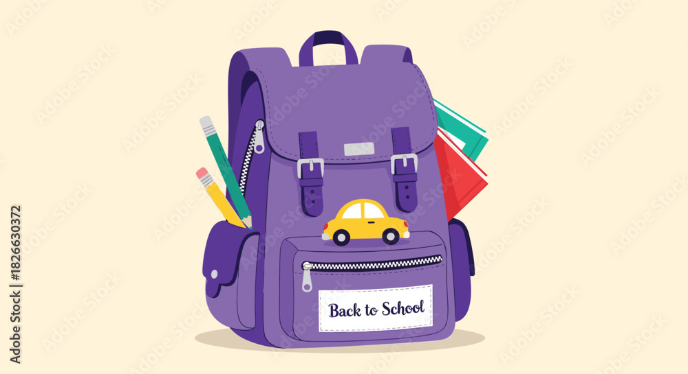 Fototapeta premium A cartoon illustration of a purple school backpack filled with pencils and books, featuring a yellow toy car and a \.