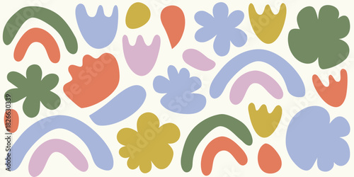 Abstract floral pattern with rainbows and organic shapes on white background