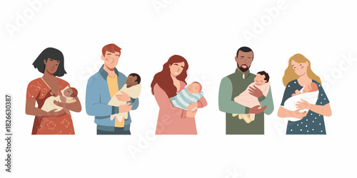 Diverse parents holding newborn babies showing love and care for their children