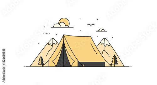 A minimalist line art illustration captures a serene outdoor camping scene with a large tent nestled between mountains, under a sun-kissed sky.